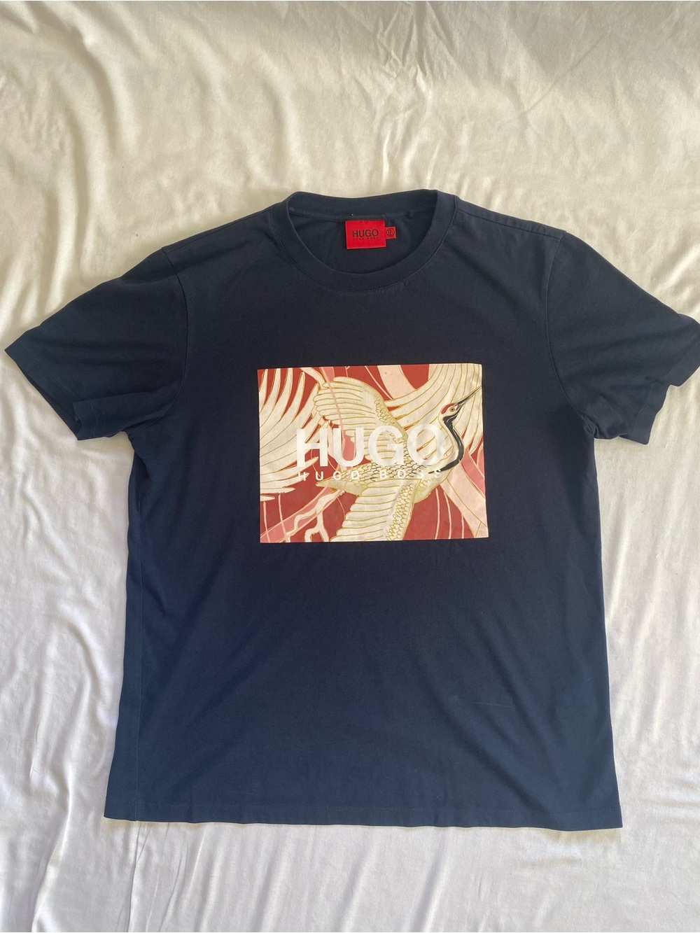 HUGO Men’s Navy Tee with Cream & Rust Graphic Panel - Size S